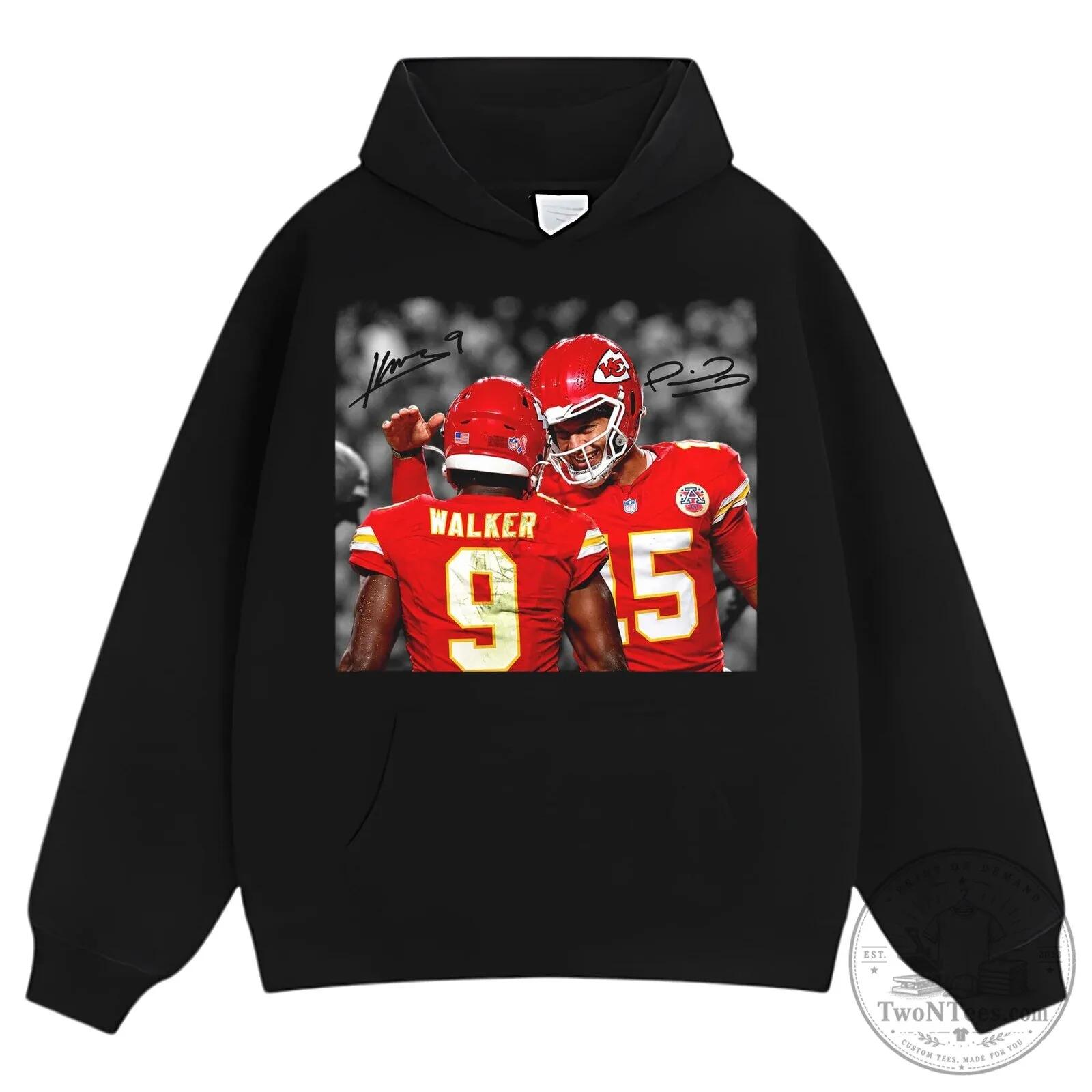 Patrick Mahomes and Kenneth Walker III Football Players Black T-Shirt 13 Patrick Mahomes and Kenneth Walker III Football Players Black T-Shirt