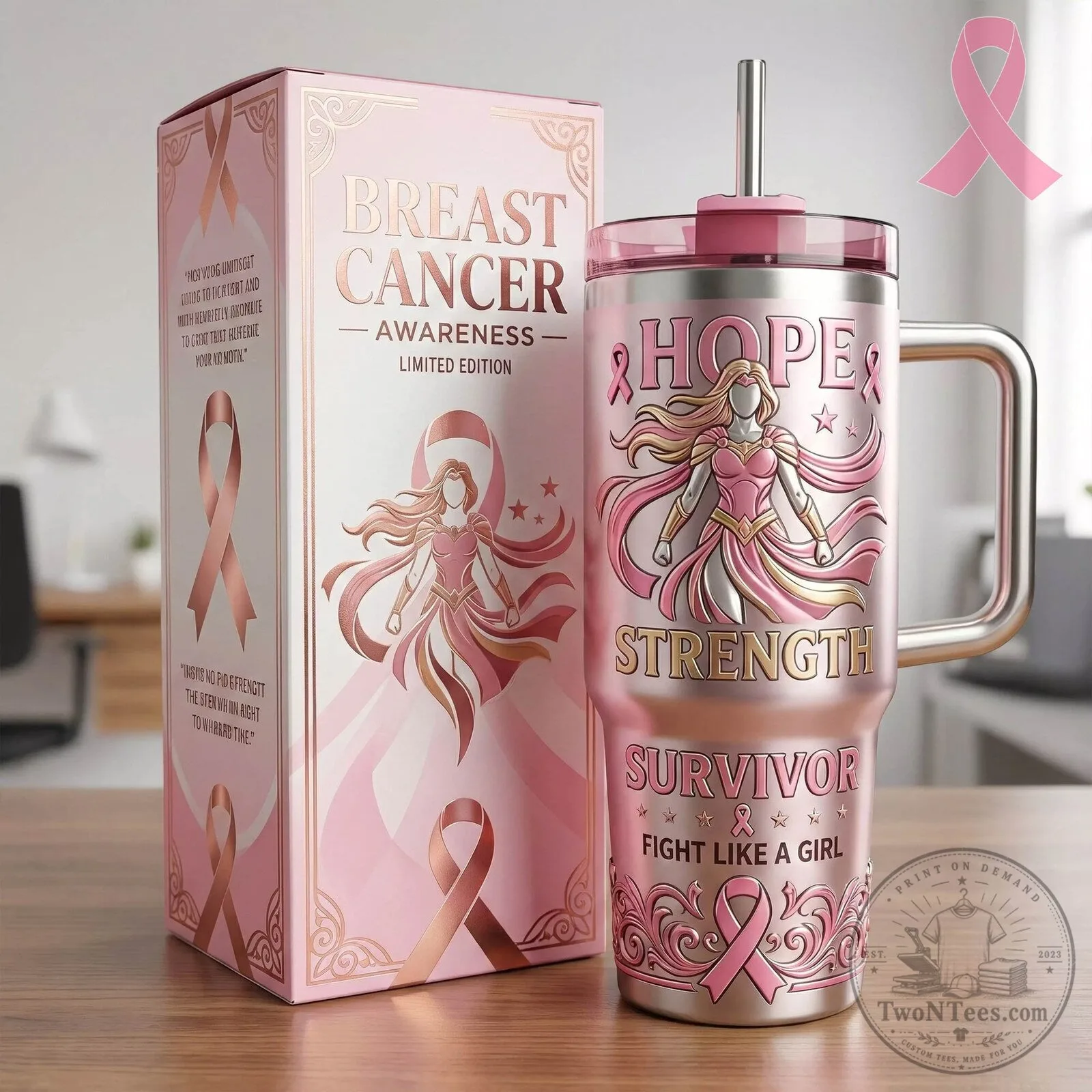 Breast Cancer Awareness Pink Ribbon Hope Strength Survivor 40oz Tumbler