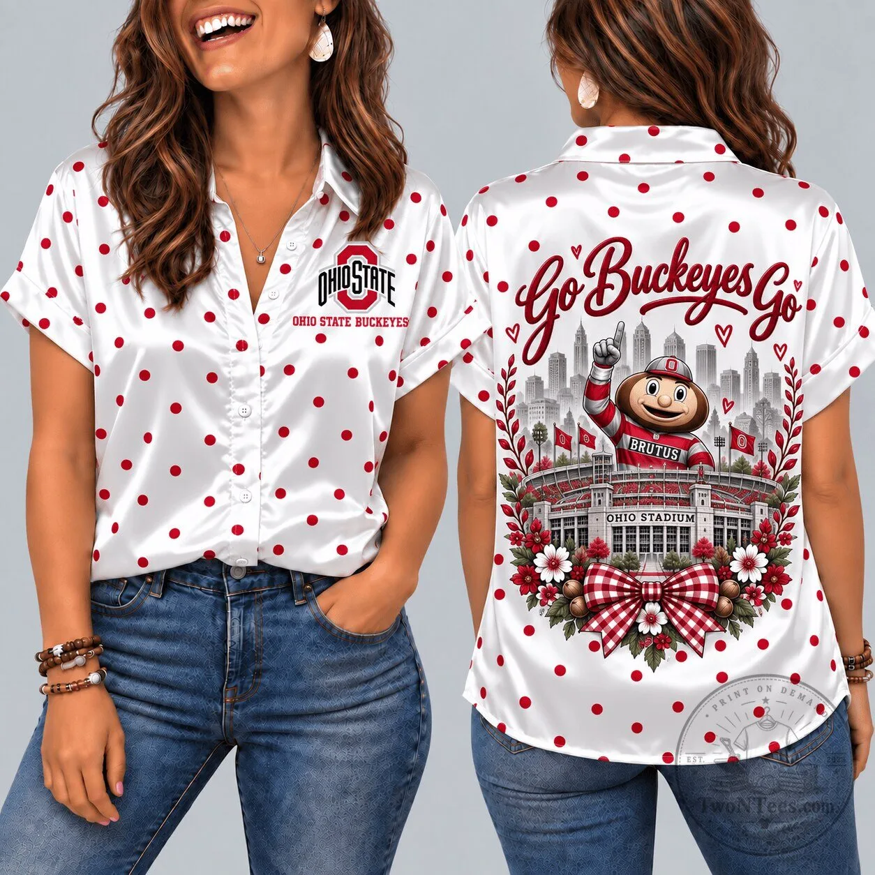 Ohio State Buckeyes Brutus Mascot Go Buckeyes Go Polka Dot Hawaiian Shirt