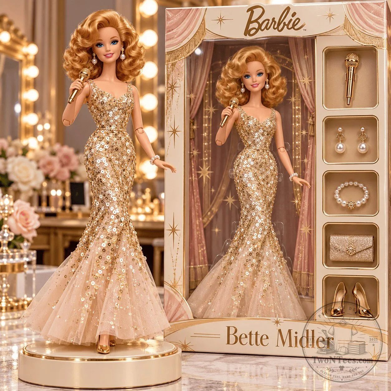 Bette Midler Barbie Doll with Gold Sequin Gown and Accessories