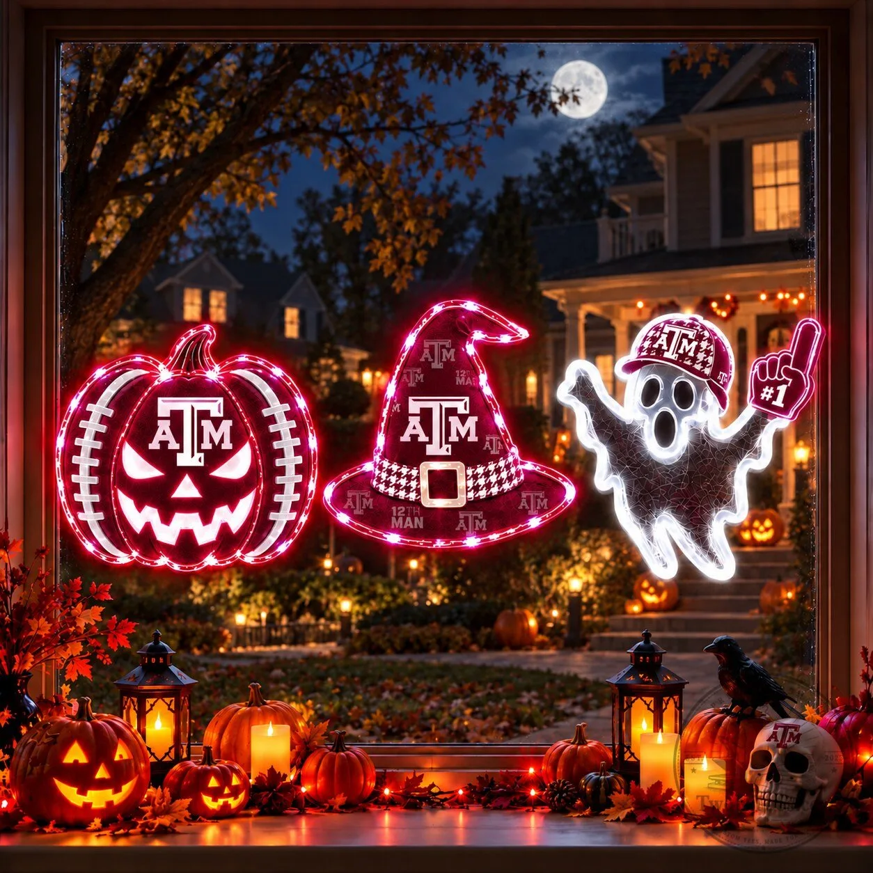 Texas A&M Aggies Halloween Pumpkin Witch Hat Ghost Window Lights