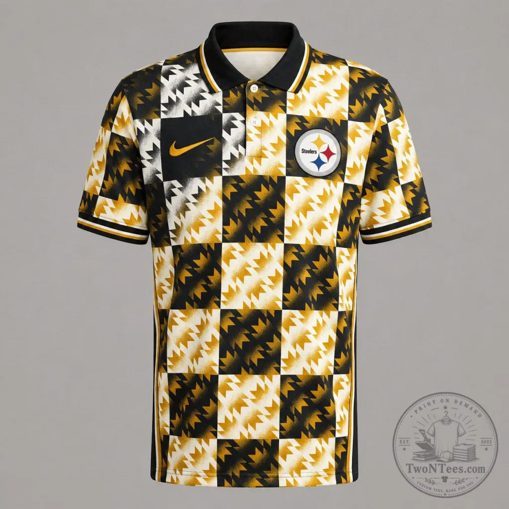 Pittsburgh Steelers NFL Retro Geometric Pattern Black and Gold Polo Shirt Pittsburgh Steelers NFL Retro Geometric Pattern Black and Gold Polo Shirt