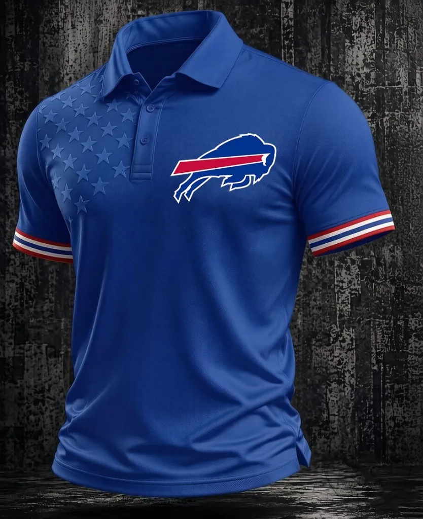Buffalo Bills Fan Apparel Performance Polo Shirt with Embroidered Logo and Star Pattern