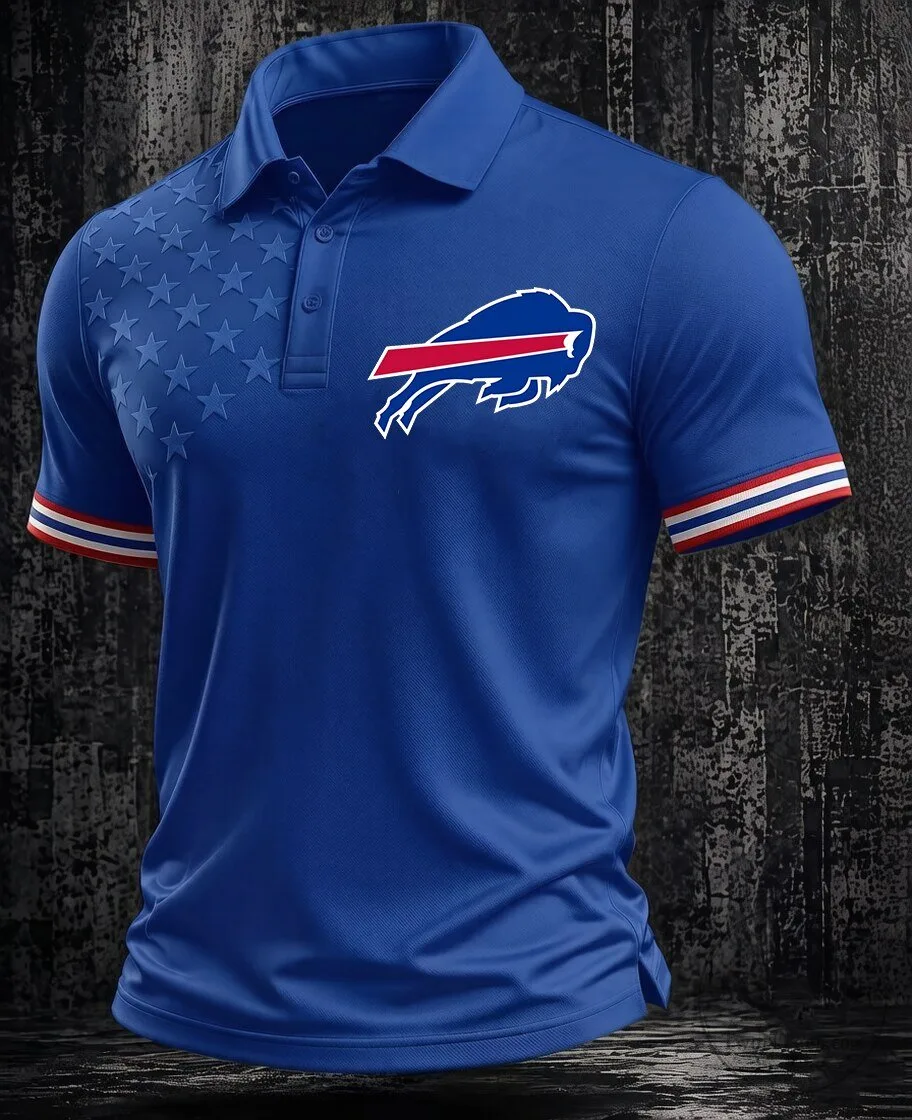 Buffalo Bills Fan Apparel Performance Polo Shirt with Embroidered Logo and Star Pattern