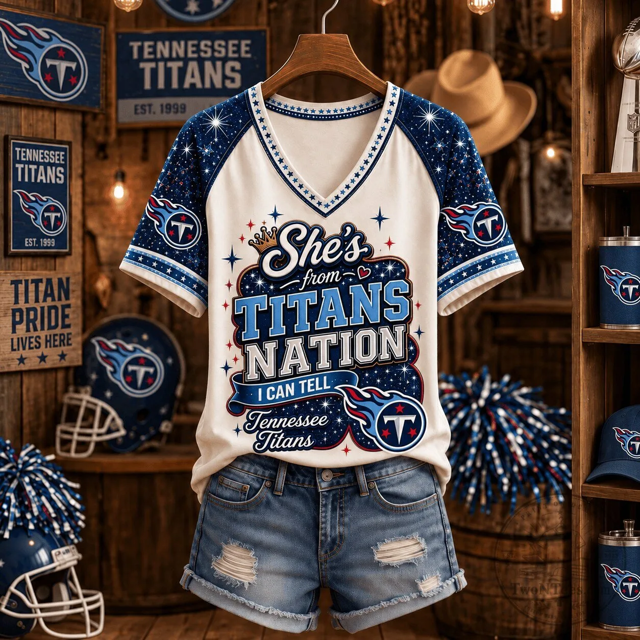 Tennessee Titans NFL Fan Gift V-Neck T-Shirt for Women, She's From Titans Nation