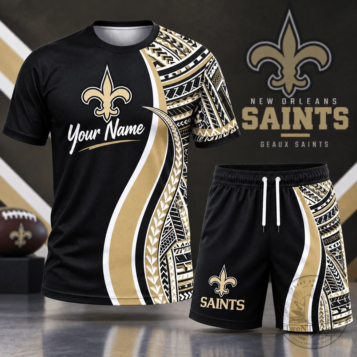 New Orleans Saints NFL Football Custom Name Tribal Graphic T-Shirt and Shorts Set 1 New Orleans Saints NFL Football Custom Name Tribal Graphic T-Shirt and Shorts Set