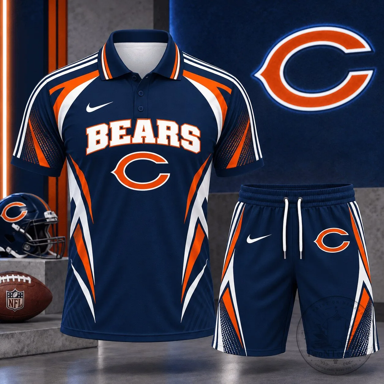 Chicago Bears NFL Football Polo Shirt and Shorts Set Fan Sports Outfit