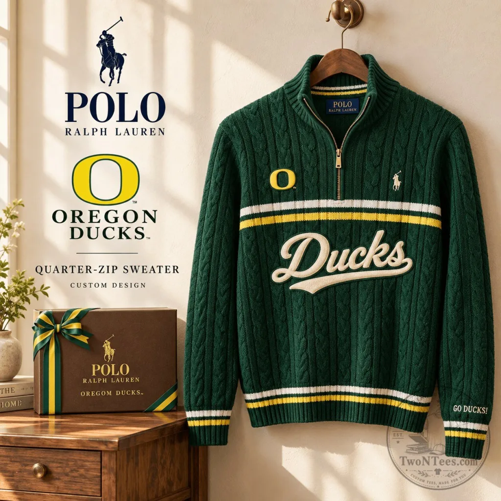 Oregon Ducks Polo Ralph Lauren Quarter-Zip Cable-Knit Sweater Oregon Ducks Polo Ralph Lauren Quarter-Zip Cable-Knit Sweater