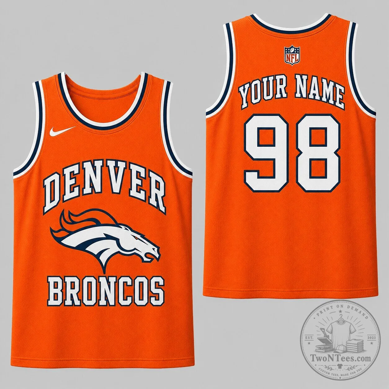 Denver Broncos NFL Personalized Custom Name Number Orange Sports Tank Top