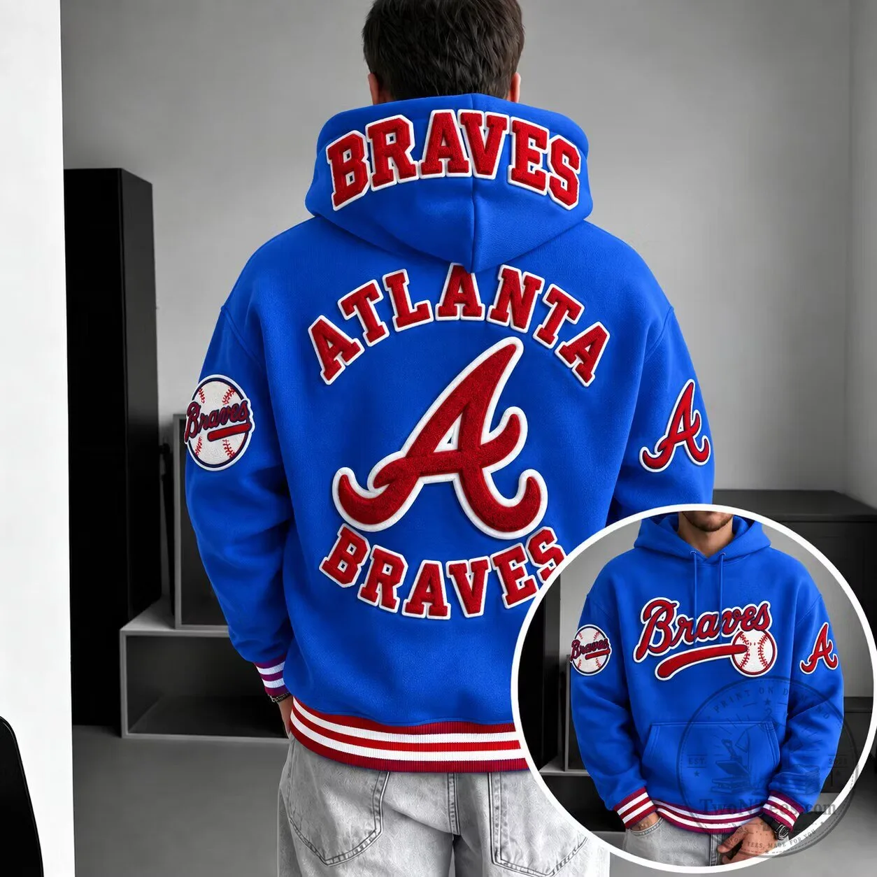 Men's and Women's Oversized Blue Hoodie featuring the Atlanta Braves Baseball Team