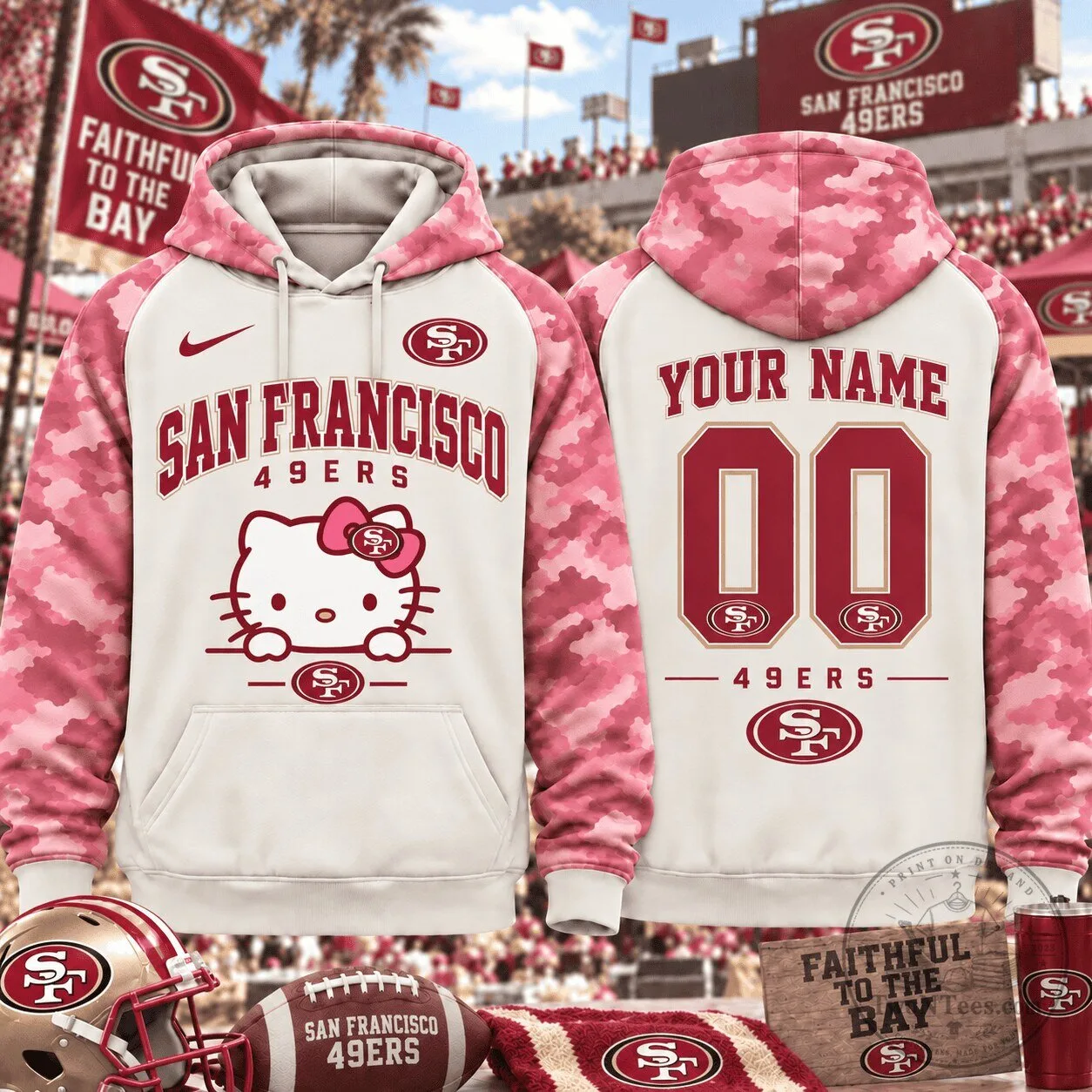 San Francisco 49ers Hello Kitty Pink Camouflage Personalized Hoodie