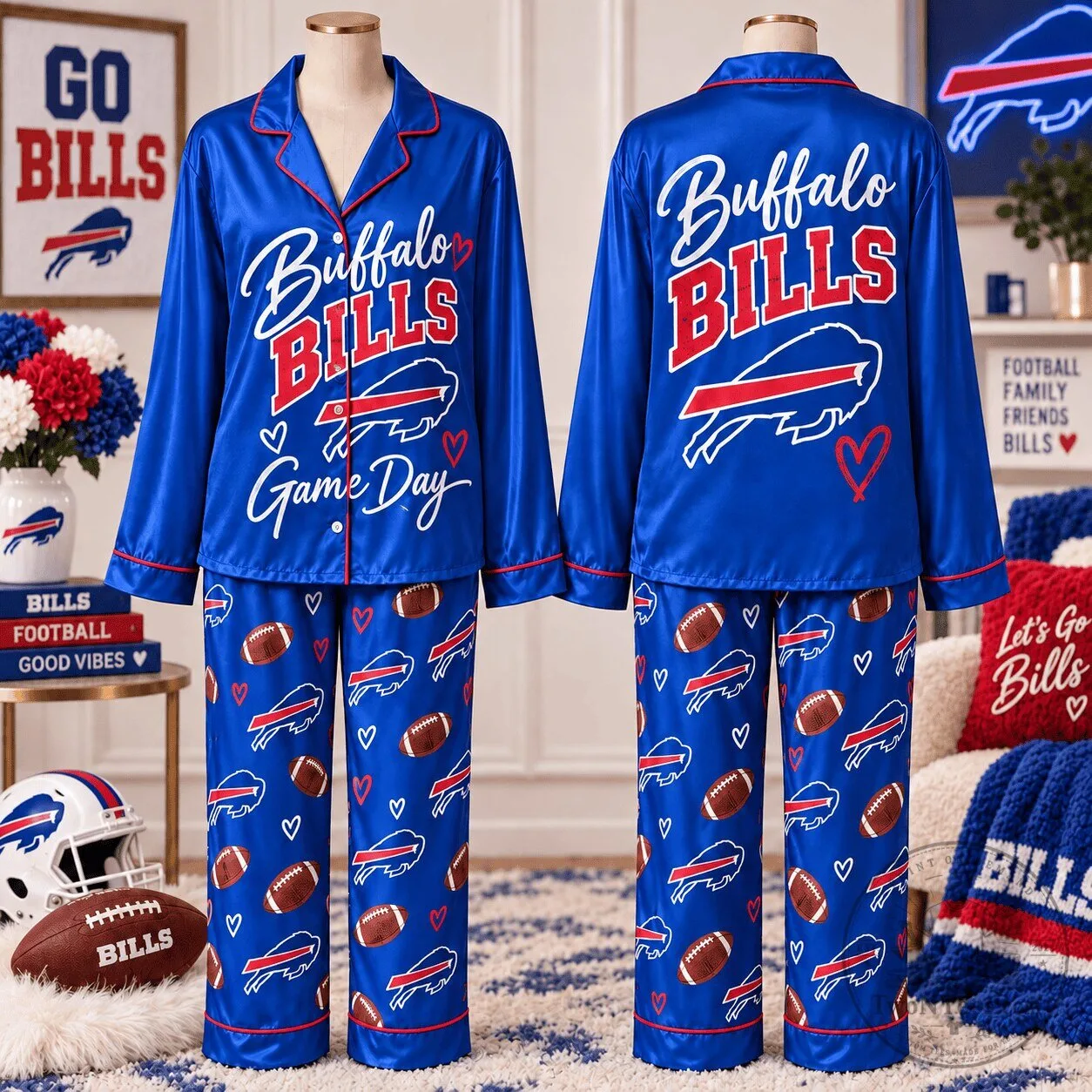 Buffalo Bills Game Day Football Fan Sleepwear Pajamas Set for Women