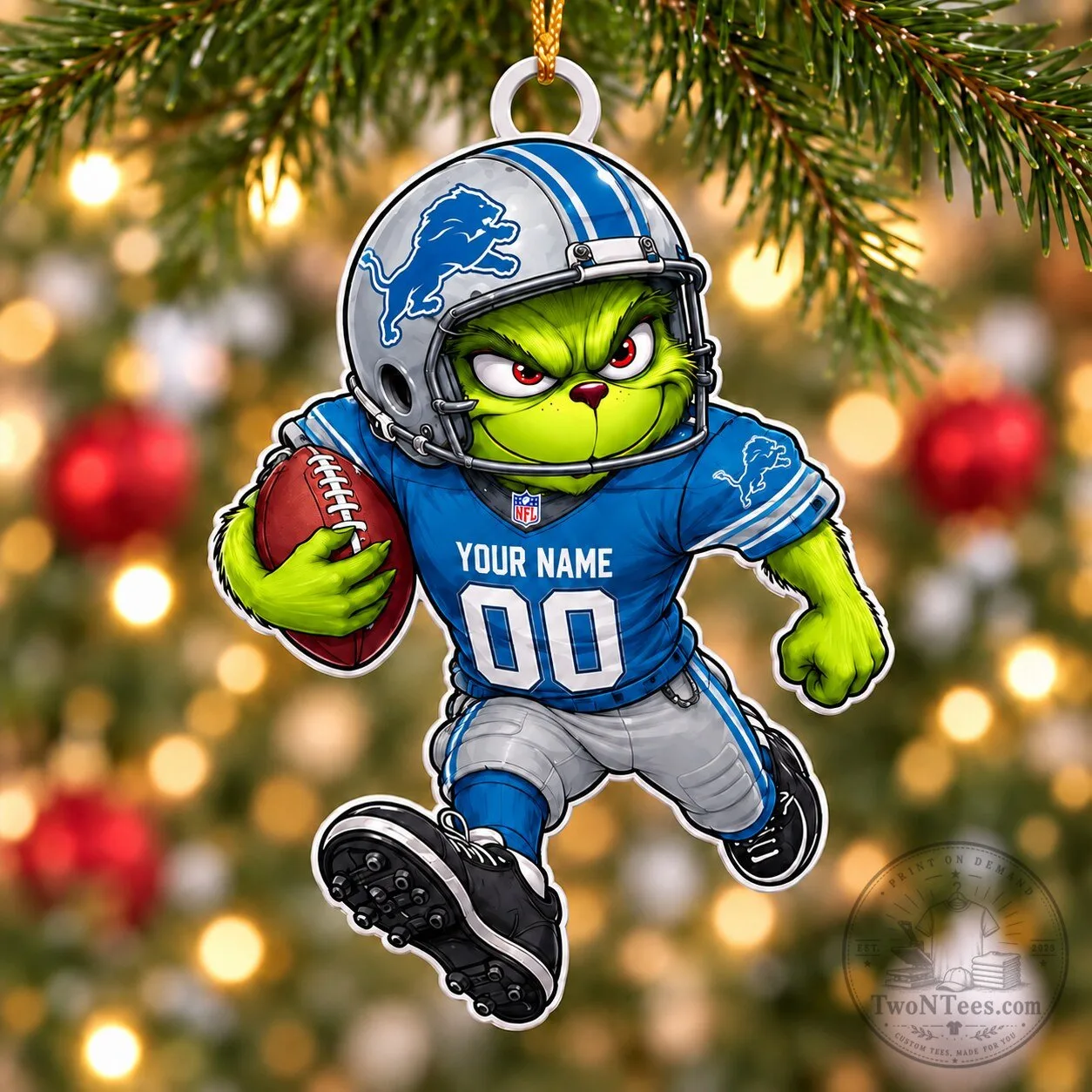 Detroit Lions Fan Grinch Christmas Tree Ornament Custom Name and Number Football