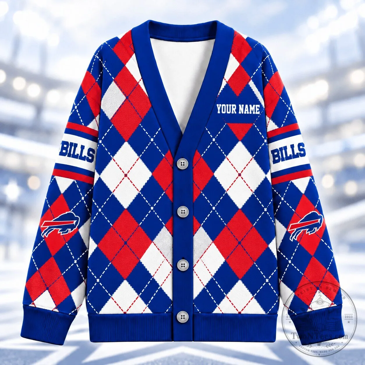 Buffalo Bills Argyle Pattern Custom Name V-Neck Knitted Cardigan Sweater