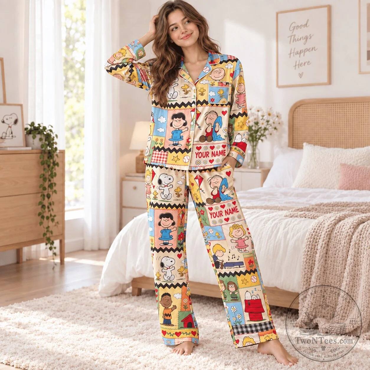 Snoopy Peanuts Comic Strip Personalized Pajama Set for Women