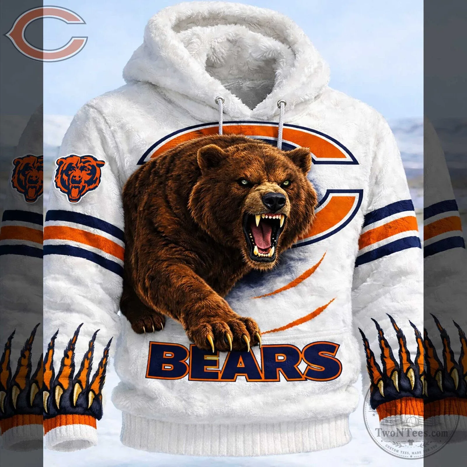 Chicago Bears Roaring Bear Mascot White Football Team Hoodie