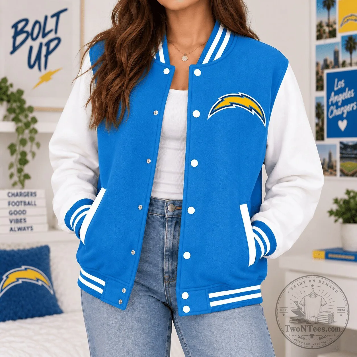 Los Angeles Chargers NFL Classic Varsity Emblem Bomber Jacket 1 Los Angeles Chargers NFL Classic Varsity Emblem Bomber Jacket