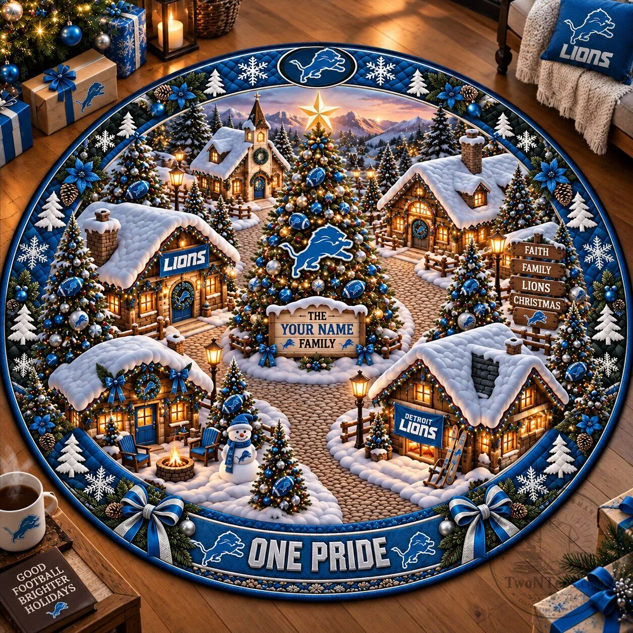 Detroit Lions Christmas Winter Village Round Area Rug
