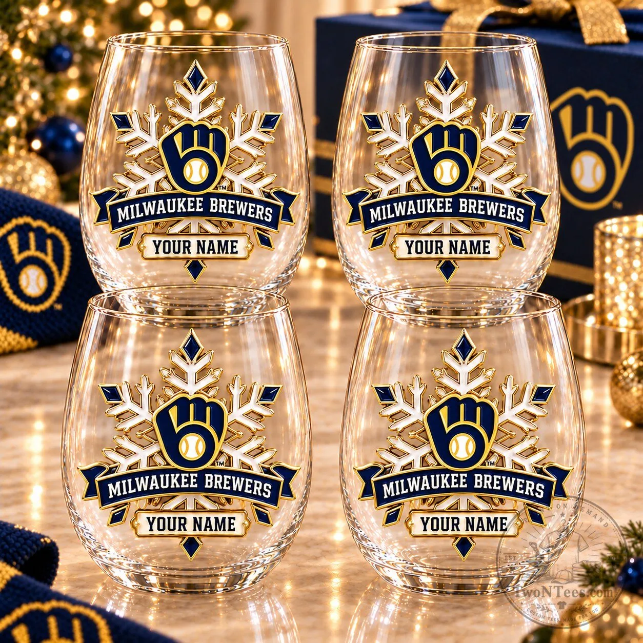 Milwaukee Brewers Baseball Personalized Snowflake Stemless Wine Glass Set