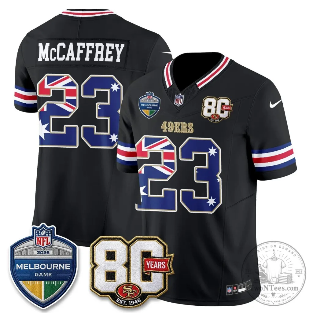 Christian McCaffrey San Francisco 49ers Melbourne Game 2026 Black Football Jersey Christian McCaffrey San Francisco 49ers Melbourne Game 2026 Black Football Jersey