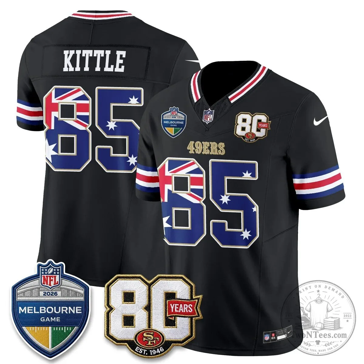 Christian McCaffrey San Francisco 49ers Melbourne Game 2026 Black Football Jersey 50 Christian McCaffrey San Francisco 49ers Melbourne Game 2026 Black Football Jersey
