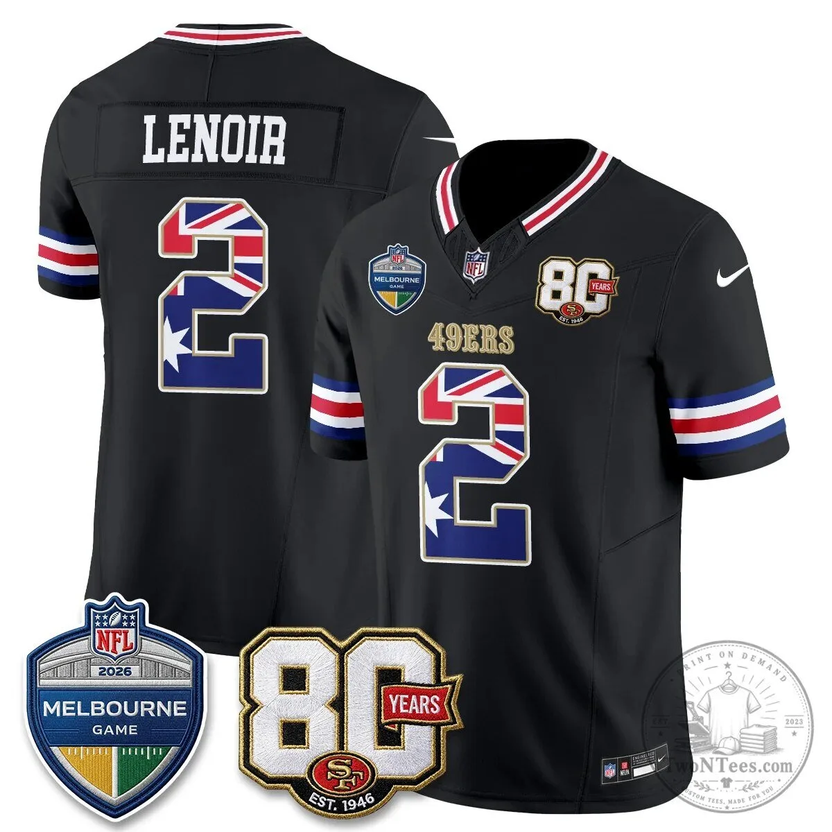 Christian McCaffrey San Francisco 49ers Melbourne Game 2026 Black Football Jersey 56 Christian McCaffrey San Francisco 49ers Melbourne Game 2026 Black Football Jersey