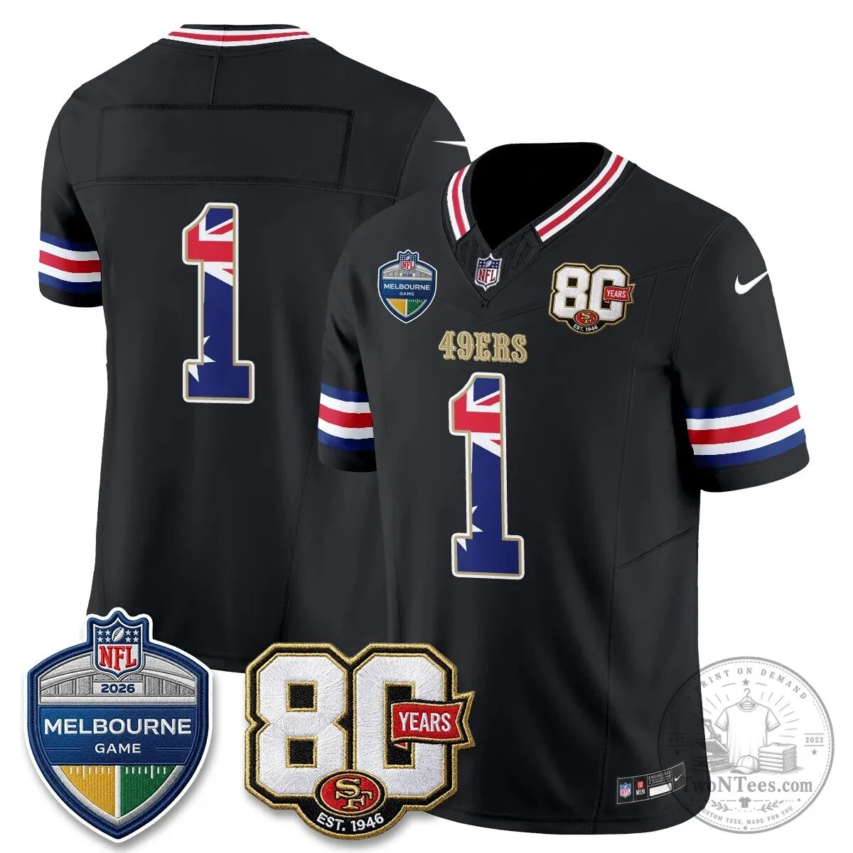 Christian McCaffrey San Francisco 49ers Melbourne Game 2026 Black Football Jersey 58 Christian McCaffrey San Francisco 49ers Melbourne Game 2026 Black Football Jersey