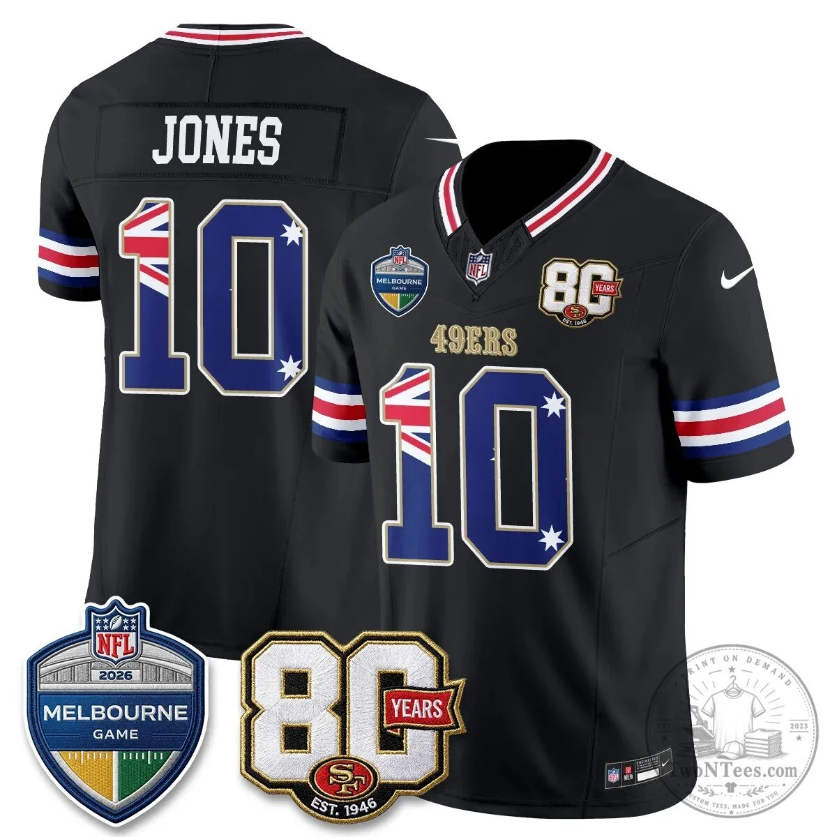 Christian McCaffrey San Francisco 49ers Melbourne Game 2026 Black Football Jersey 59 Christian McCaffrey San Francisco 49ers Melbourne Game 2026 Black Football Jersey