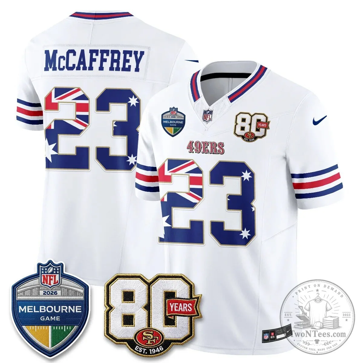 Christian McCaffrey San Francisco 49ers Melbourne Game 2026 Black Football Jersey 60 Christian McCaffrey San Francisco 49ers Melbourne Game 2026 Black Football Jersey