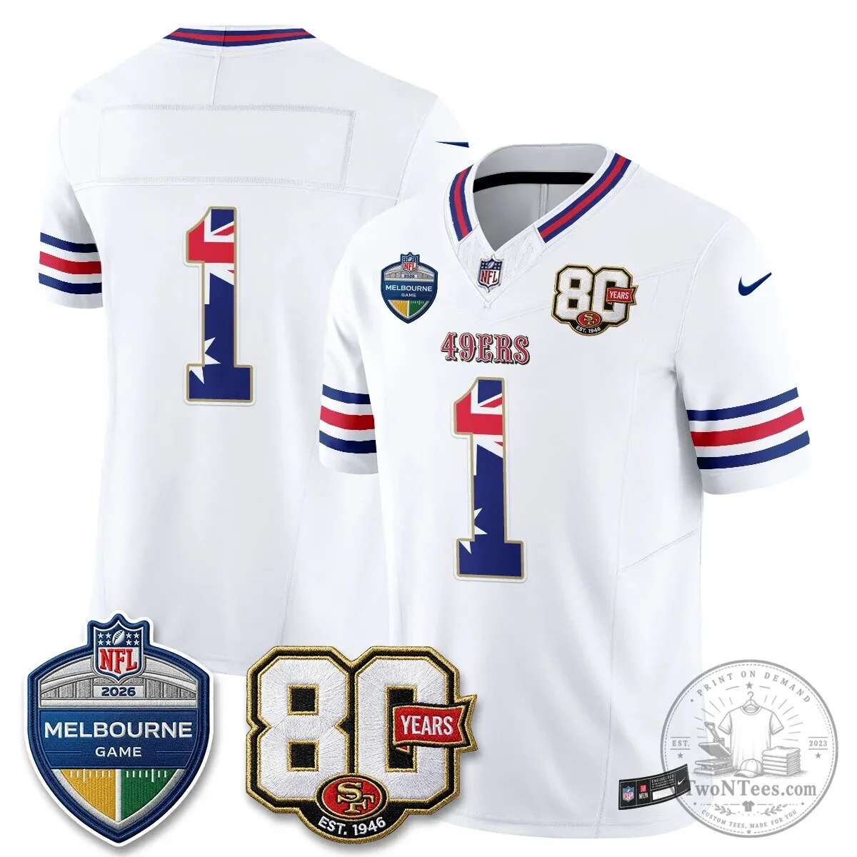 Christian McCaffrey San Francisco 49ers Melbourne Game 2026 Black Football Jersey 70 Christian McCaffrey San Francisco 49ers Melbourne Game 2026 Black Football Jersey