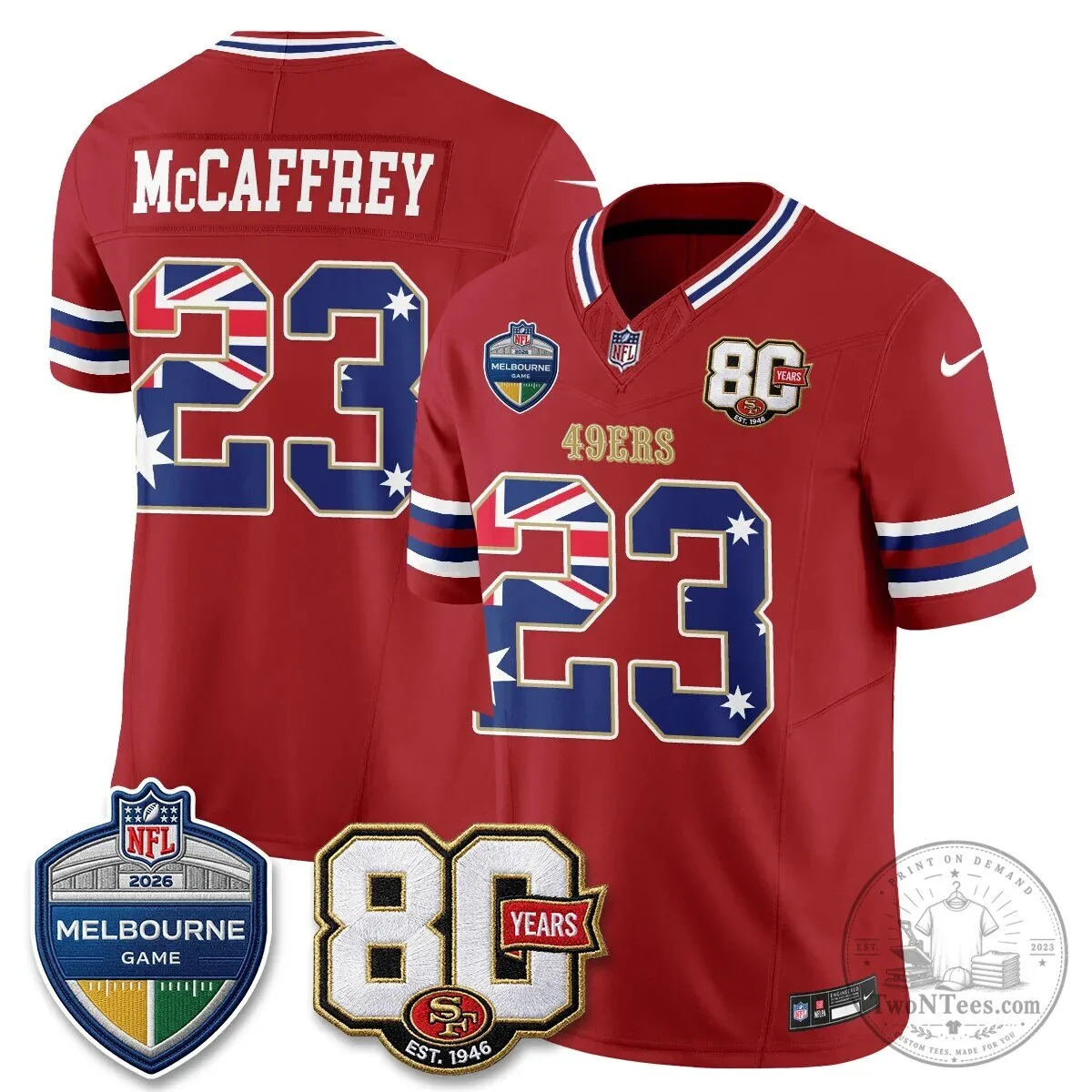 Christian McCaffrey San Francisco 49ers Melbourne Game 2026 Black Football Jersey 72 Christian McCaffrey San Francisco 49ers Melbourne Game 2026 Black Football Jersey