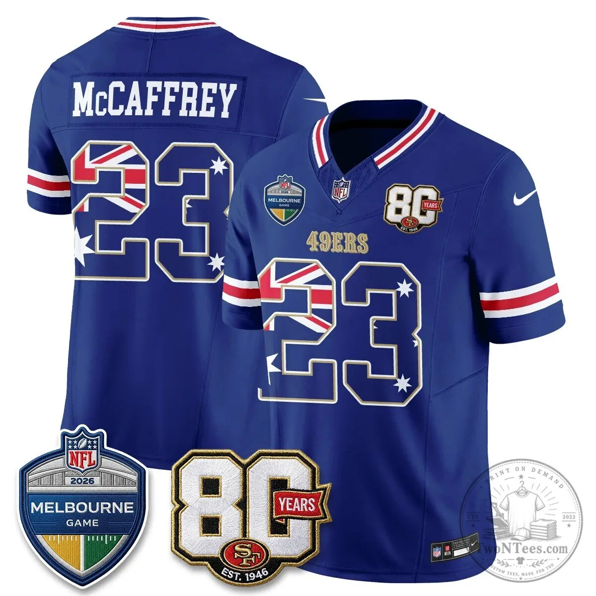 Christian McCaffrey San Francisco 49ers Melbourne Game 2026 Black Football Jersey 84 Christian McCaffrey San Francisco 49ers Melbourne Game 2026 Black Football Jersey