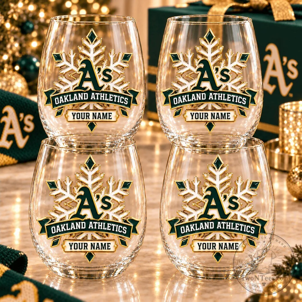 Oakland Athletics MLB Personalized Christmas Snowflake Stemless Wine Glass Oakland Athletics MLB Personalized Christmas Snowflake Stemless Wine Glass