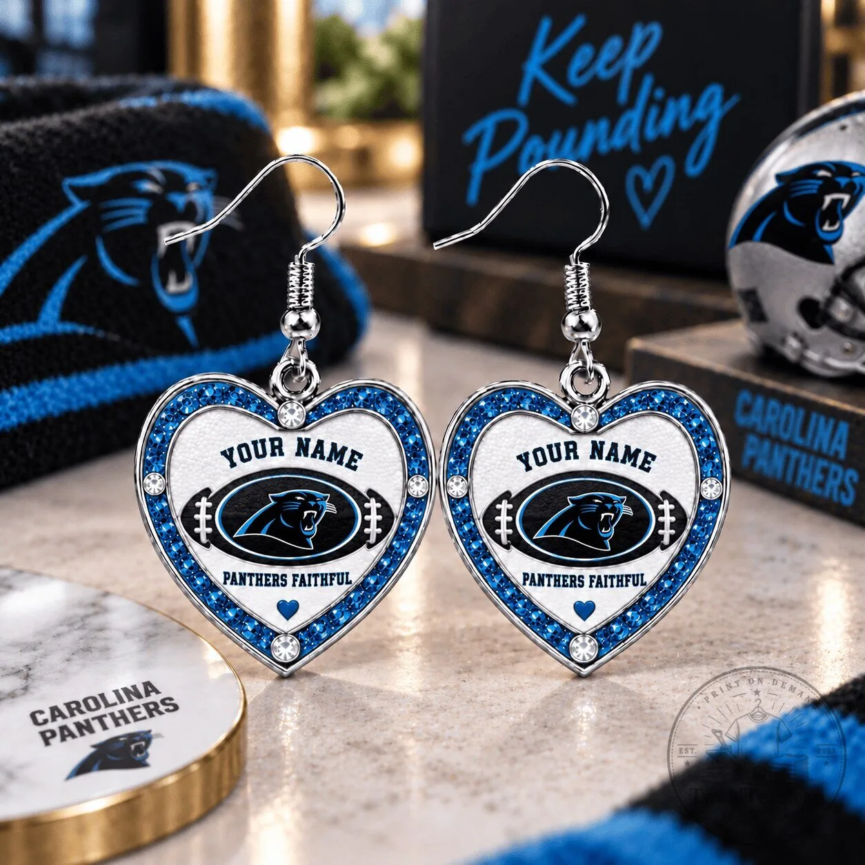 Carolina Panthers Personalized Heart Dangle Earrings for Women, Panthers Faithful Jewelry