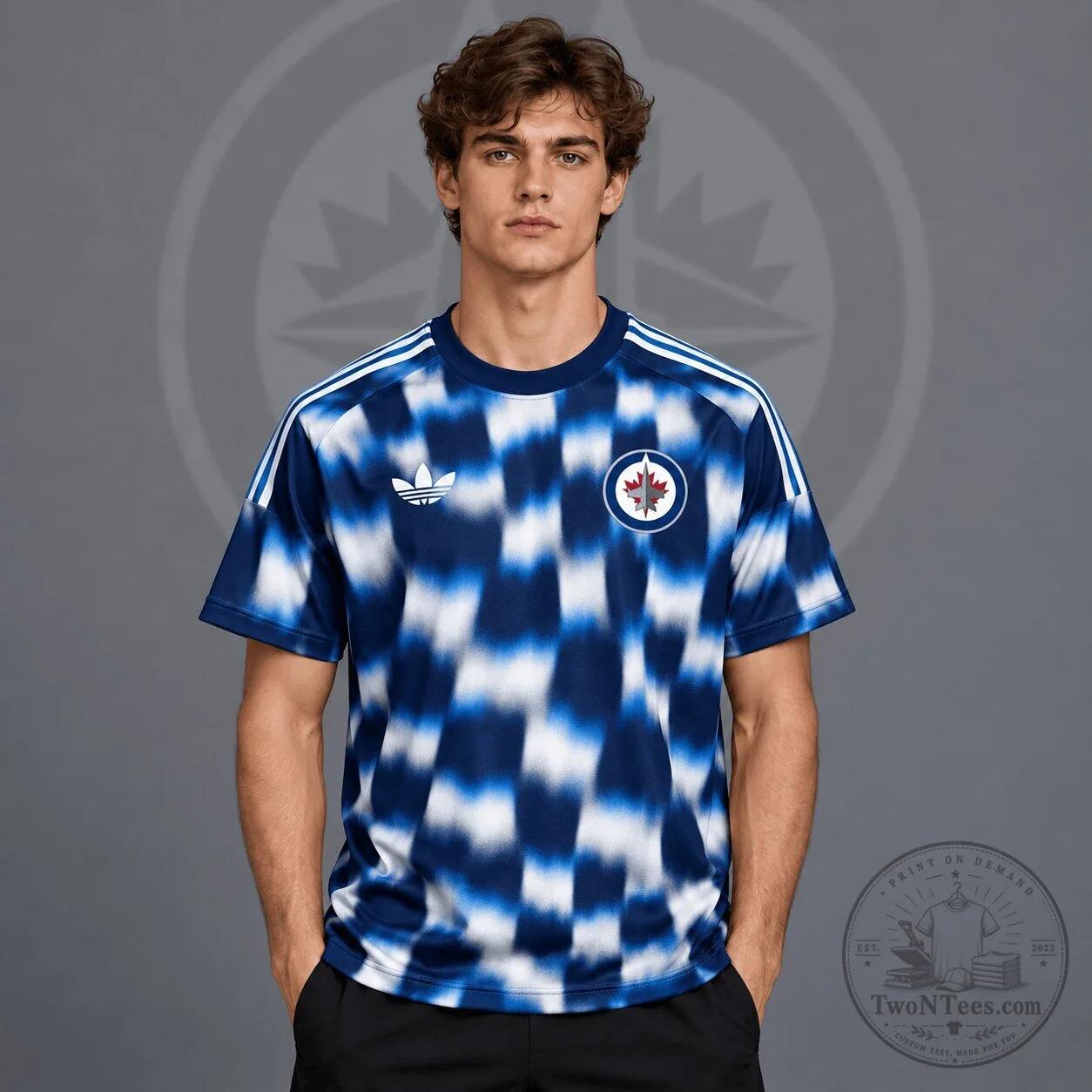 Winnipeg Jets Adidas Blurred Checkered Blue and White Hockey Jersey