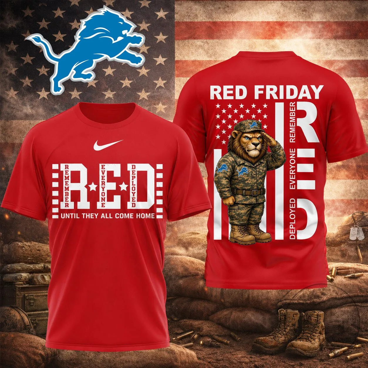 Red Friday Detroit Lions Remember Everyone Deployed Veteran Tribute T-Shirt
