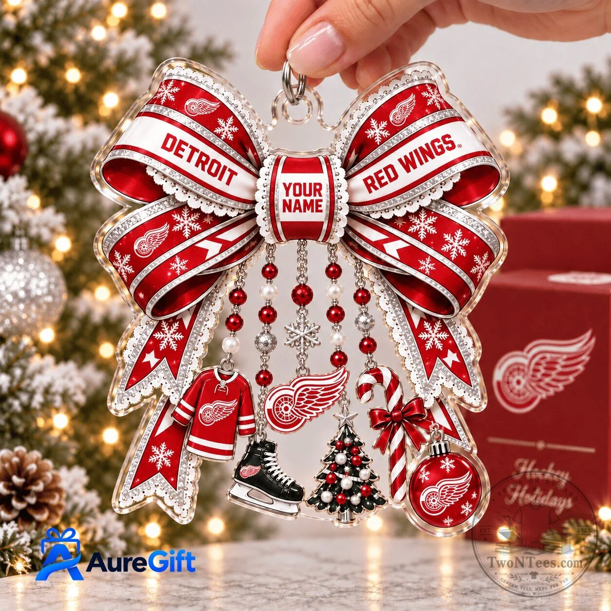 Detroit Red Wings Christmas Bow Personalized Hockey Holiday Ornament