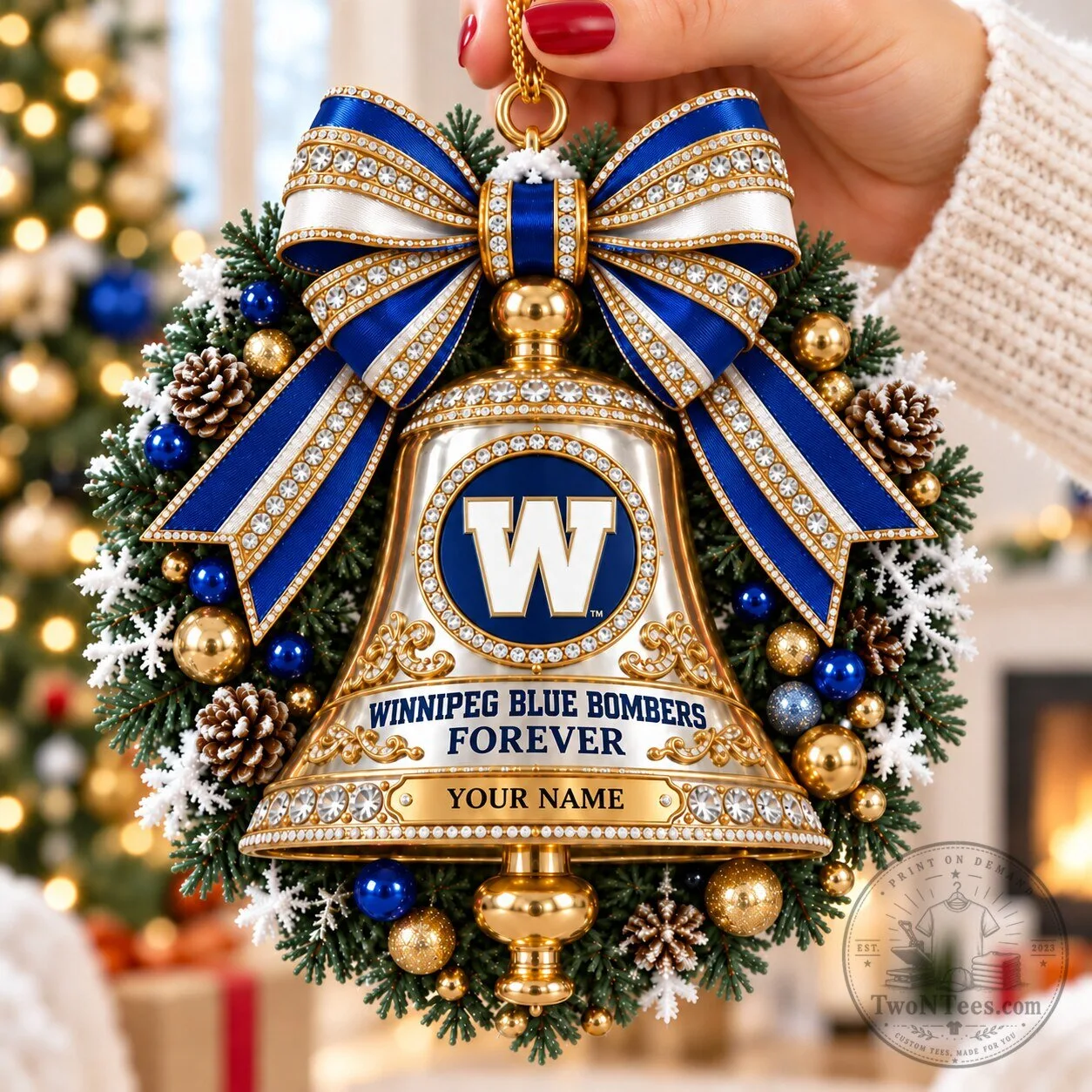 Winnipeg Blue Bombers Christmas Bell Wreath Ornament Custom Name