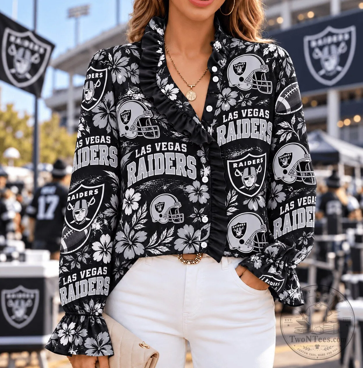 Las Vegas Raiders NFL Football Team Floral Pattern Ruffle Blouse
