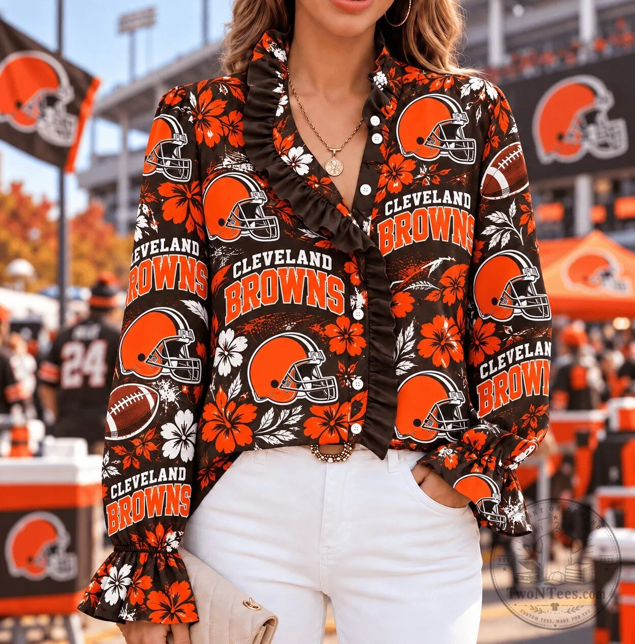 Cleveland Browns Football Team Floral Pattern Ruffled Long Sleeve Blouse 1 Cleveland Browns Football Team Floral Pattern Ruffled Long Sleeve Blouse