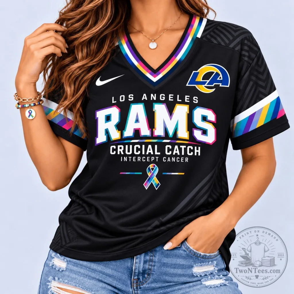 Los Angeles Rams Crucial Catch Intercept Cancer V-Neck Football Jersey Los Angeles Rams Crucial Catch Intercept Cancer V-Neck Football Jersey