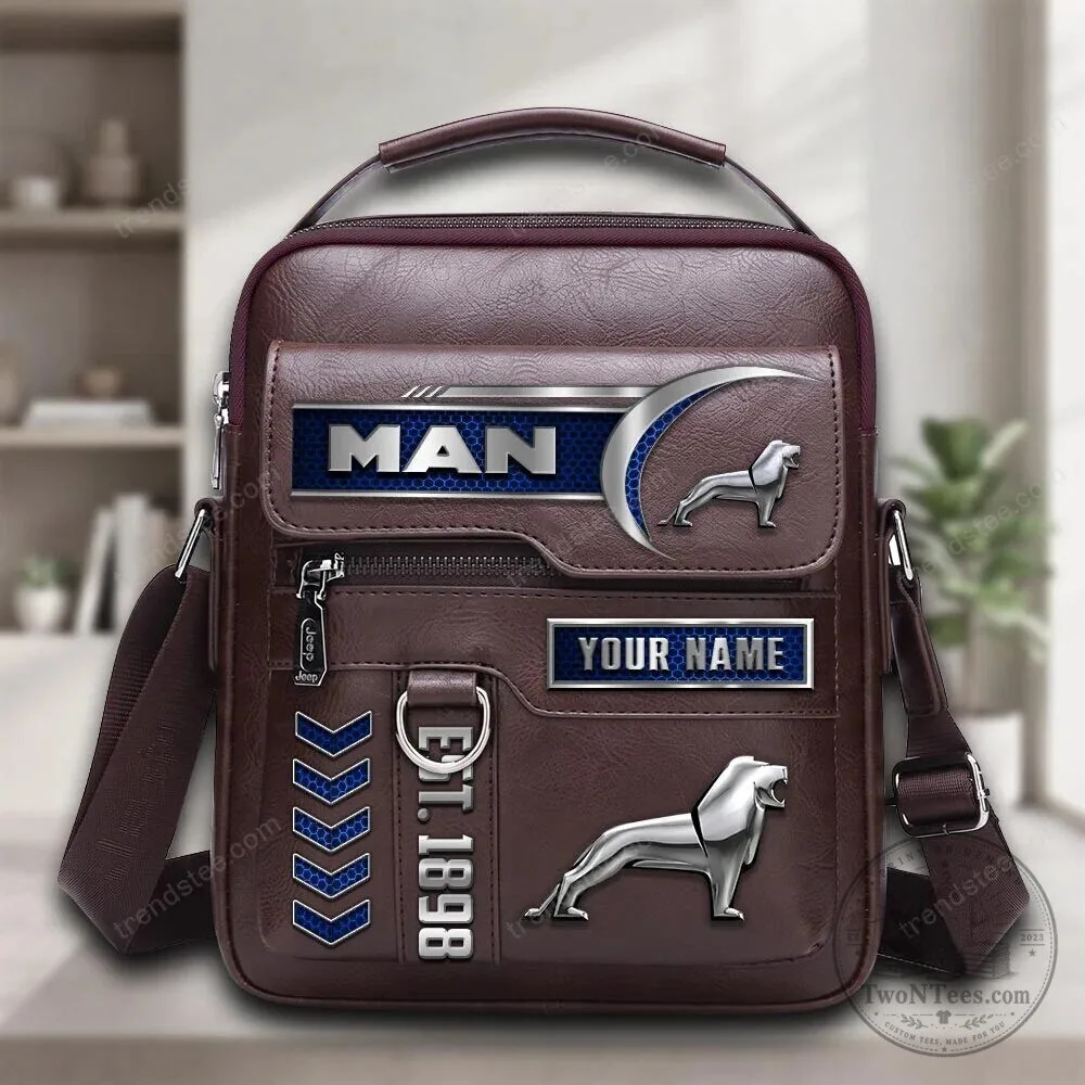 Personalized Man Lion Emblem Brown Leather Crossbody Shoulder Bag