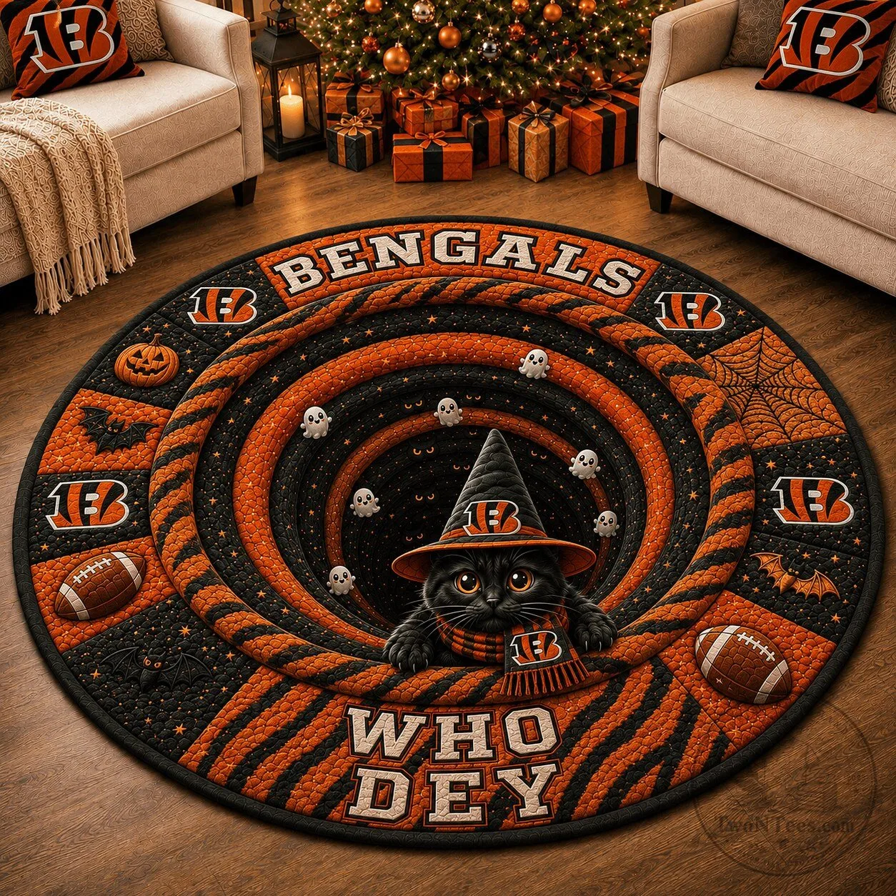 Cincinnati Bengals Halloween Black Cat Witch Who Dey Round Quilted Rug