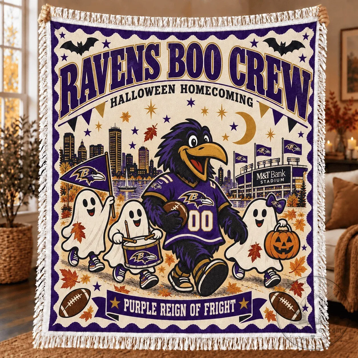Baltimore Ravens Halloween Homecoming Boo Crew Purple Reign of Fright Fleece Blanket