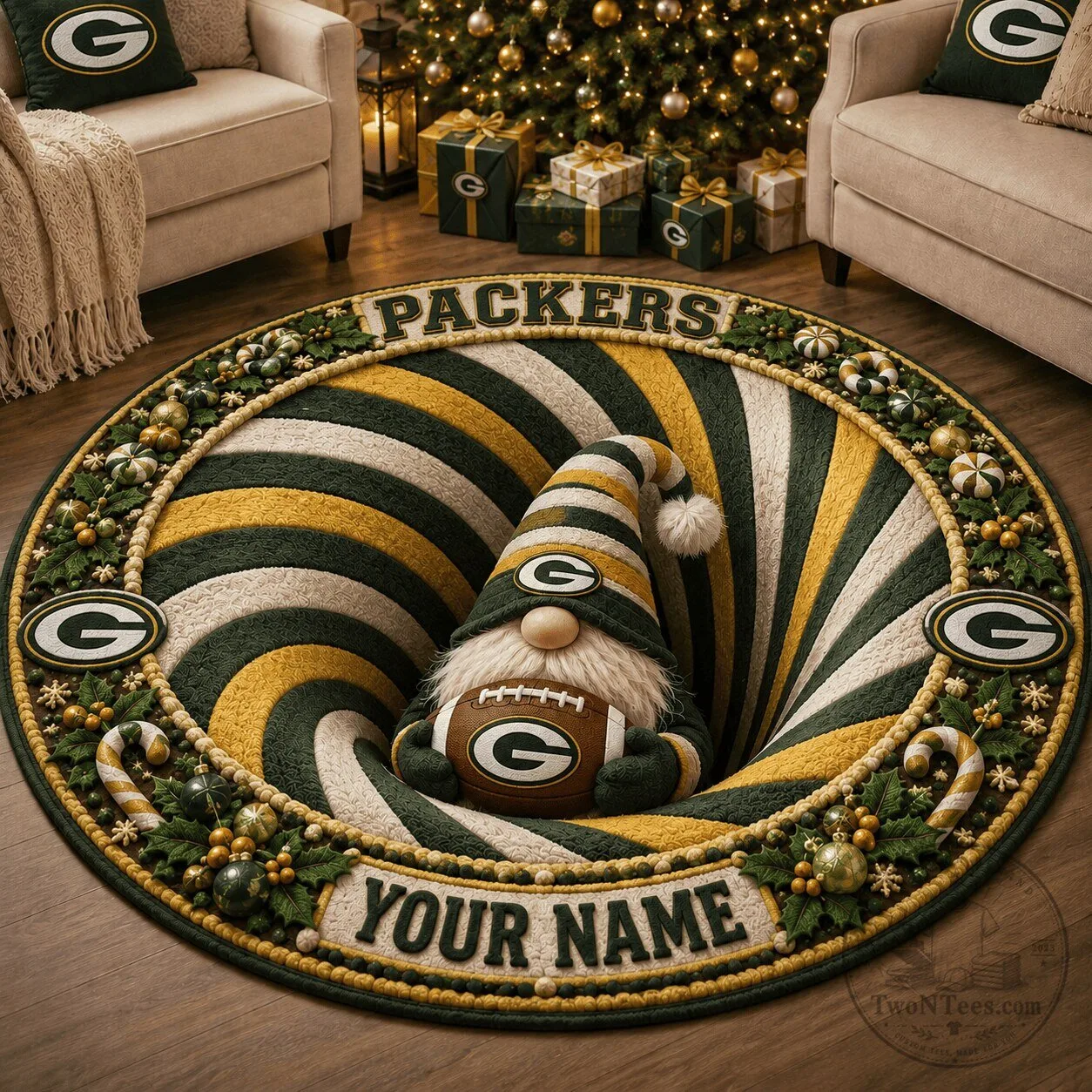 Green Bay Packers Personalized Christmas Gnome Swirl Round Area Rug 1 Green Bay Packers Personalized Christmas Gnome Swirl Round Area Rug