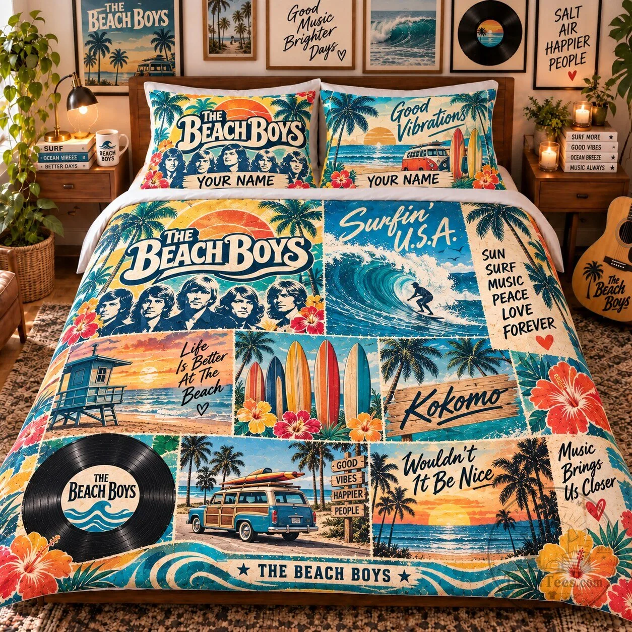 The Beach Boys Personalized Bedding Set with Good Vibrations and Surfin' USA