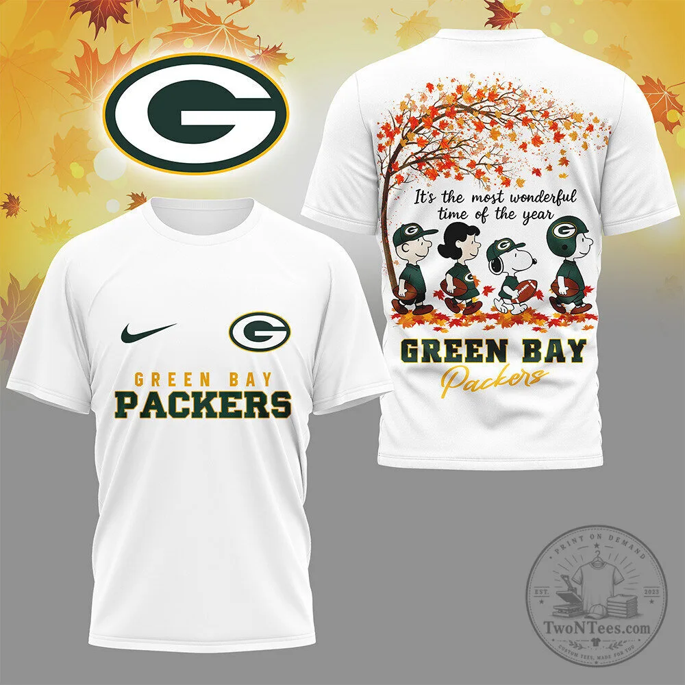 Green Bay Packers Snoopy Charlie Brown Autumn Fall Season White T-Shirt