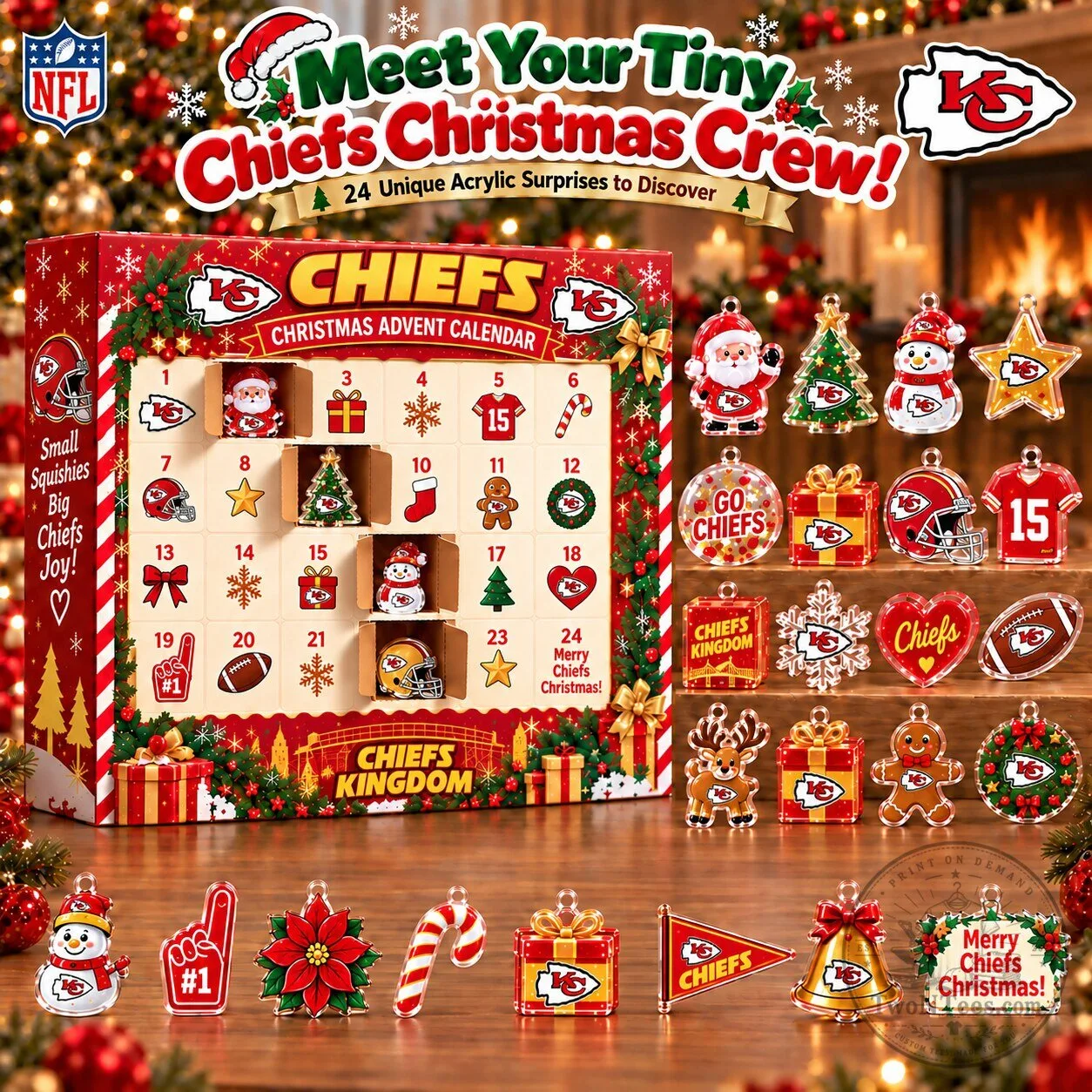 Kansas City Chiefs Christmas Advent Calendar 24 Acrylic Ornaments Gift Set