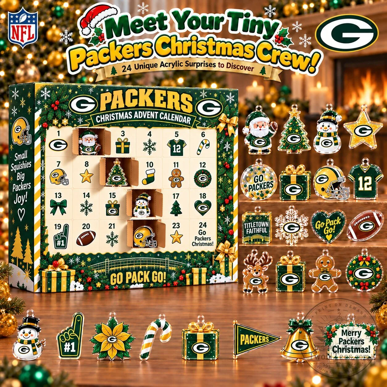 Green Bay Packers Christmas Advent Calendar with 24 Acrylic Ornaments