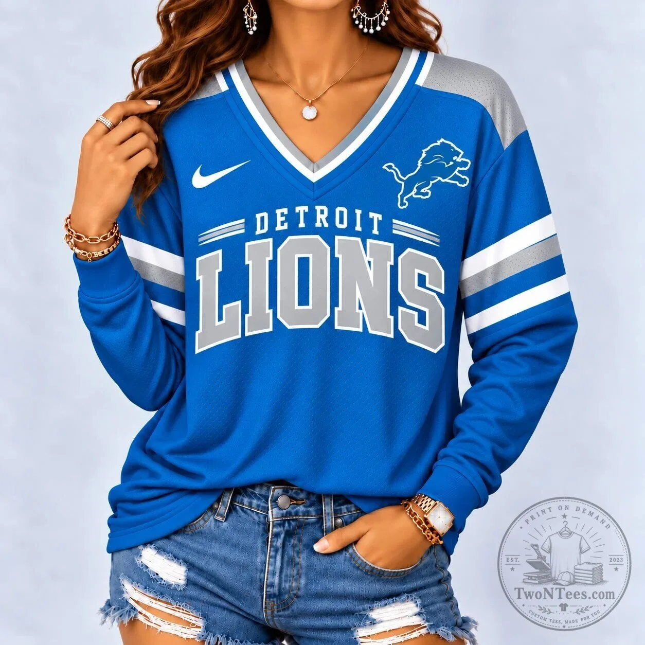 Detroit Lions NFL Football Team Blue and Gray Long Sleeve V-Neck Jersey